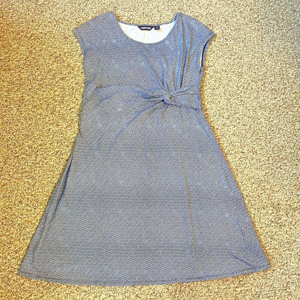 Lands End Womens Dress Sz L P (14-16) Blue White Print Knot Coastal Beachy Short